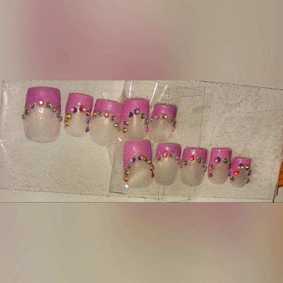 Pink French with Rinestones Press on Nails & Top Coat - Picture 1 of 4